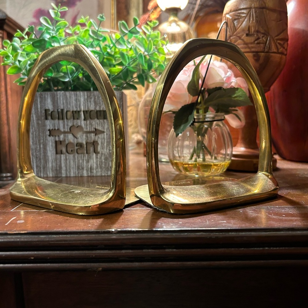 Pair of brass Hermes Style Horse Saddle Stirrup Bookends